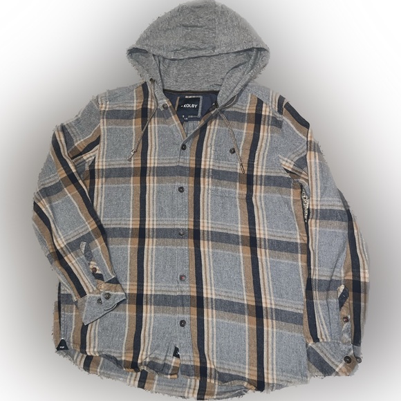 Men’s Button Up Kolby Flannel Large Plaid Grey Yellow Hood - Picture 1 of 3